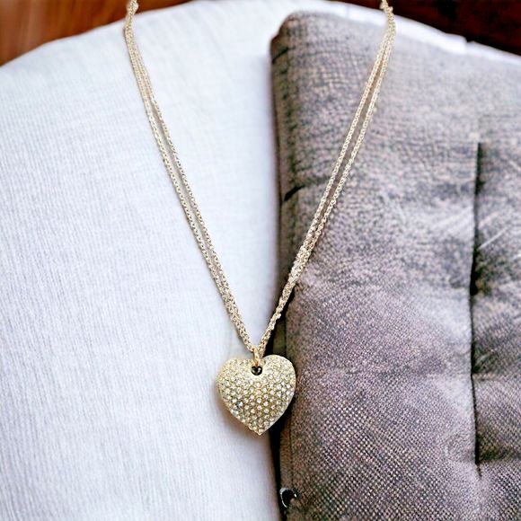 Puffy Pave Heart Necklace Gold Tone Rhinestone Double Chain Feminine Romantic - Picture 5 of 13